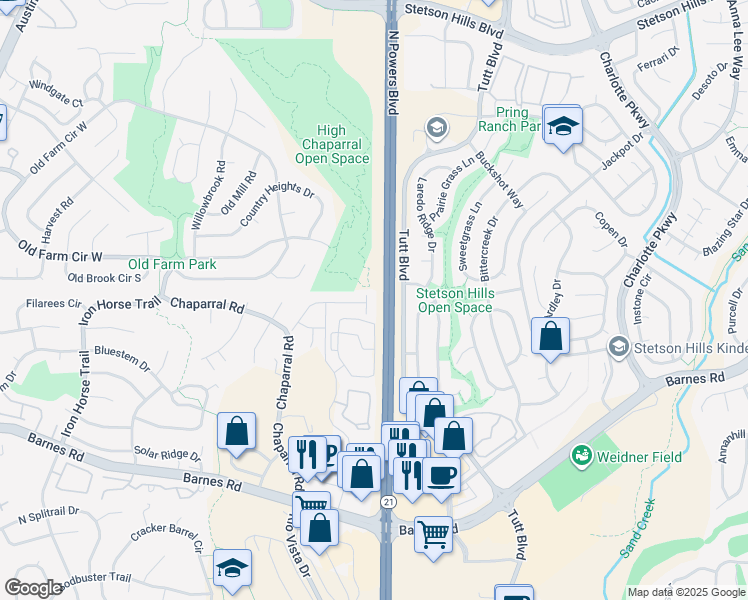 map of restaurants, bars, coffee shops, grocery stores, and more near 4468 Asher Heights in Colorado Springs