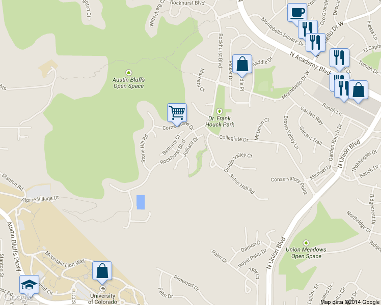 map of restaurants, bars, coffee shops, grocery stores, and more near 4763 Julliard Drive in Colorado Springs