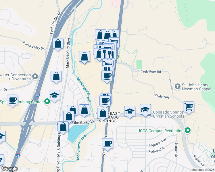 map of restaurants, bars, coffee shops, grocery stores, and more near 5070 North Nevada Avenue in Colorado Springs