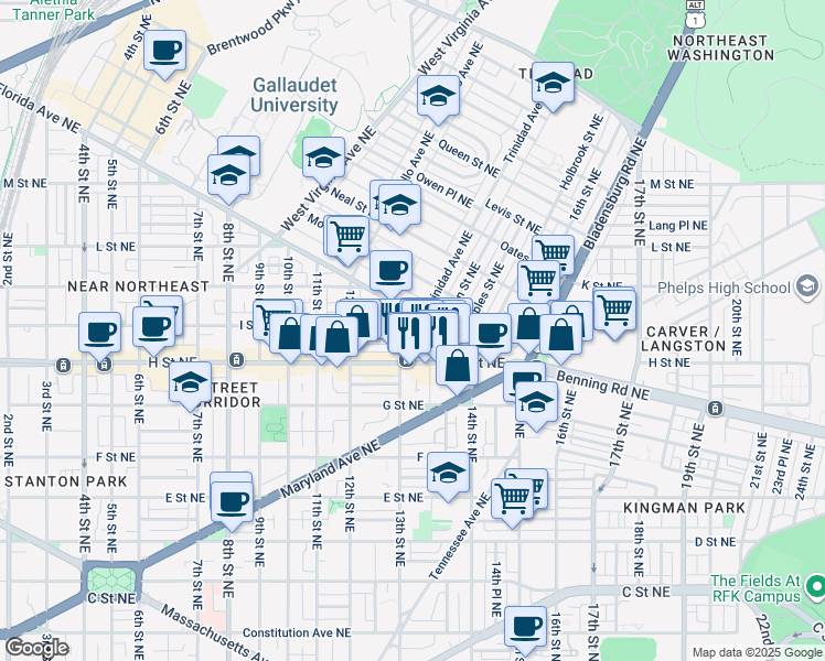 map of restaurants, bars, coffee shops, grocery stores, and more near 101 Independence Avenue Southeast in Washington