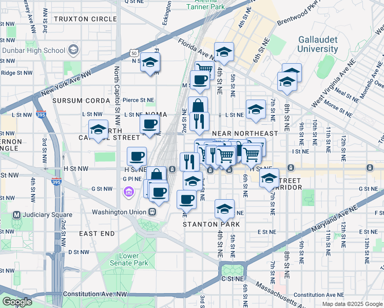 map of restaurants, bars, coffee shops, grocery stores, and more near 101 Independence Avenue Southeast in Washington