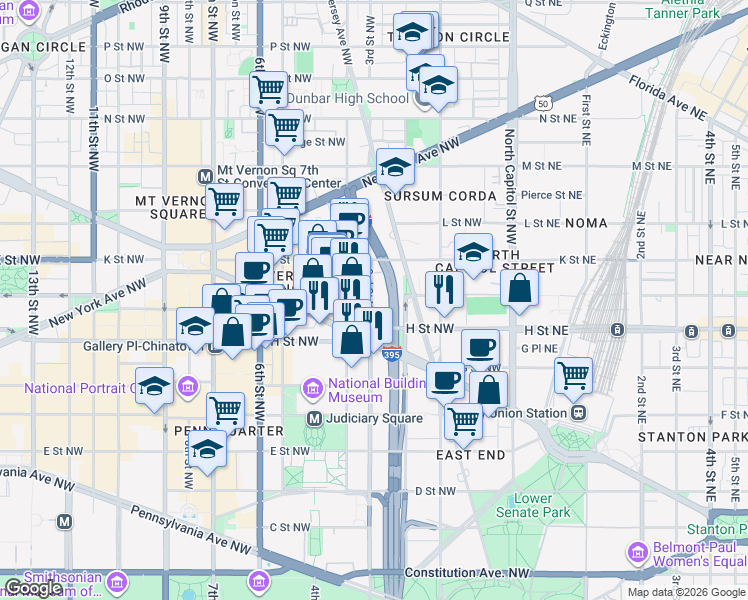 map of restaurants, bars, coffee shops, grocery stores, and more near 101 Independence Avenue Southeast in Washington