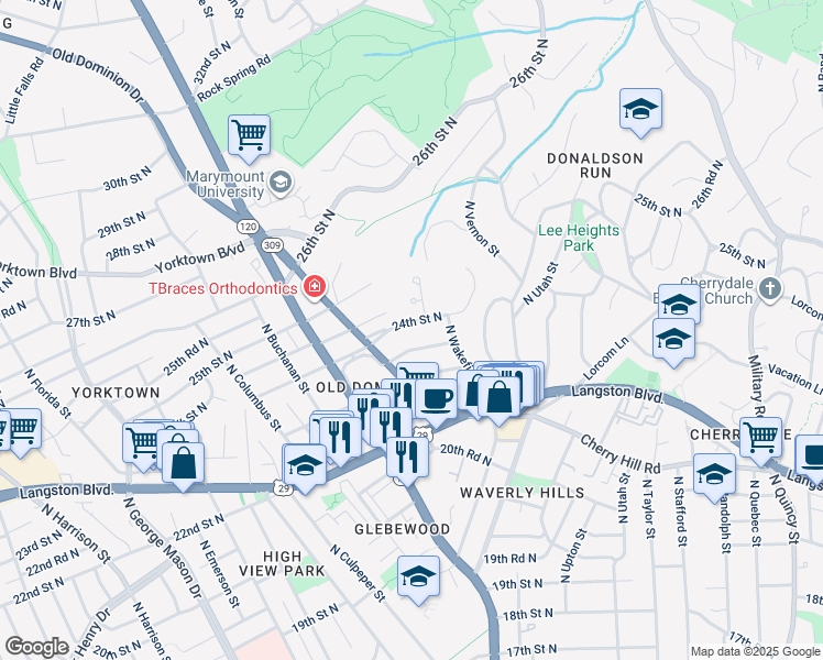map of restaurants, bars, coffee shops, grocery stores, and more near 4630 24th Street North in Arlington