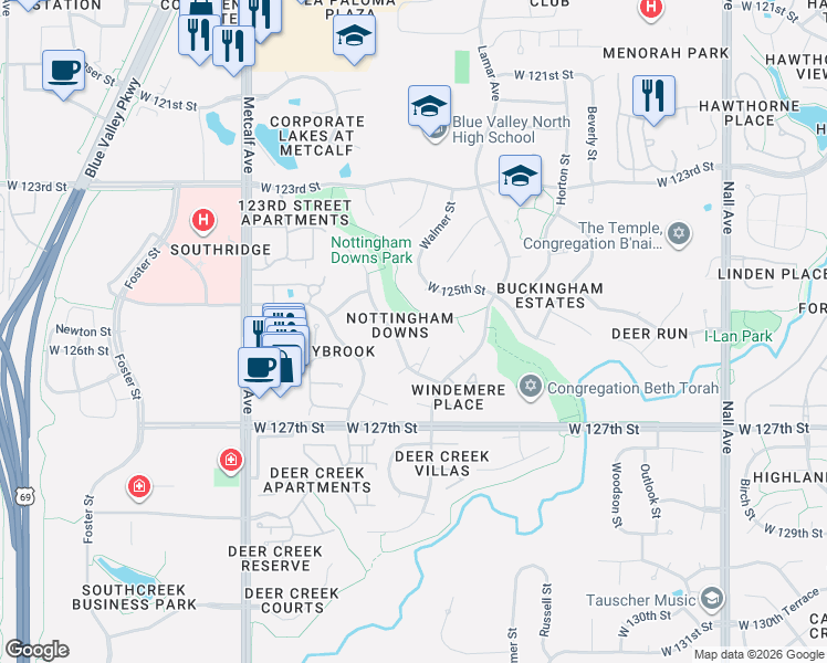 map of restaurants, bars, coffee shops, grocery stores, and more near 12604 Walmer Street in Leawood