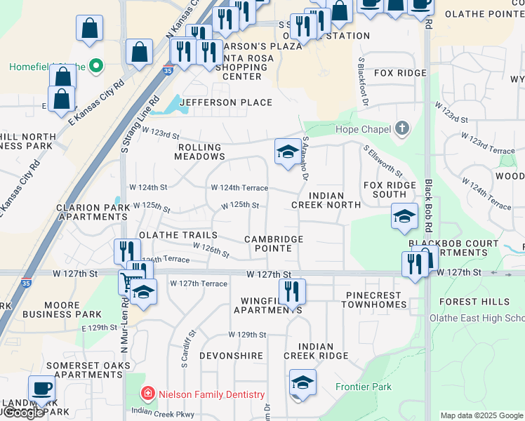 map of restaurants, bars, coffee shops, grocery stores, and more near 12505 South Cottonwood Drive in Olathe