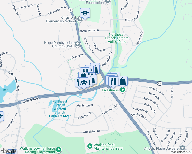 map of restaurants, bars, coffee shops, grocery stores, and more near 12200 Central Avenue in Mitchellville