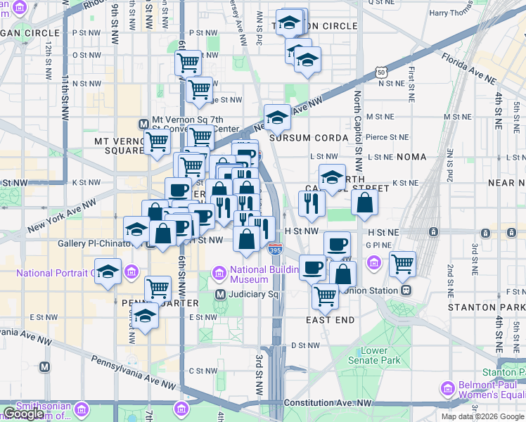 map of restaurants, bars, coffee shops, grocery stores, and more near 881 3rd Street Northwest in Washington