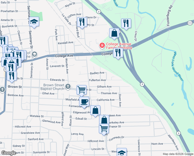 map of restaurants, bars, coffee shops, grocery stores, and more near 3406 Fullerton Avenue in Alton