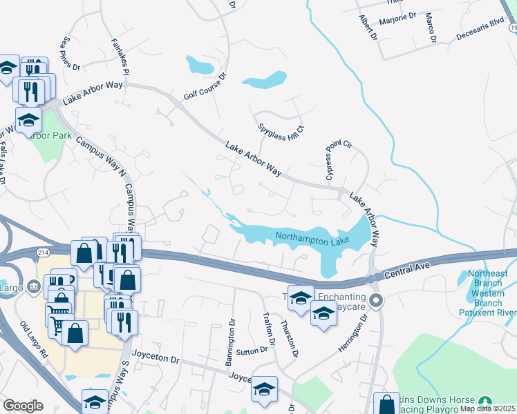 map of restaurants, bars, coffee shops, grocery stores, and more near 906 Lake Front Drive in Bowie