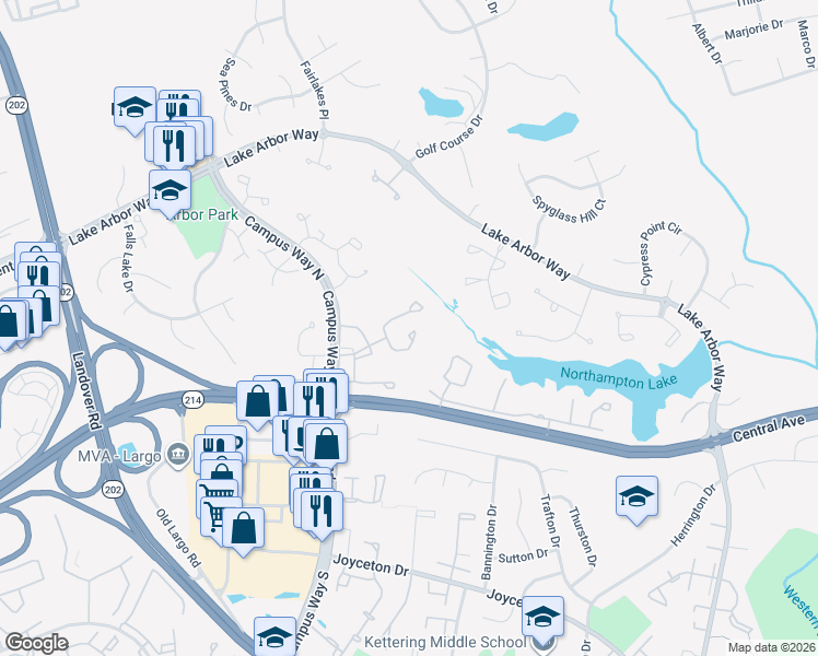 map of restaurants, bars, coffee shops, grocery stores, and more near 707 Faraway Court in Bowie