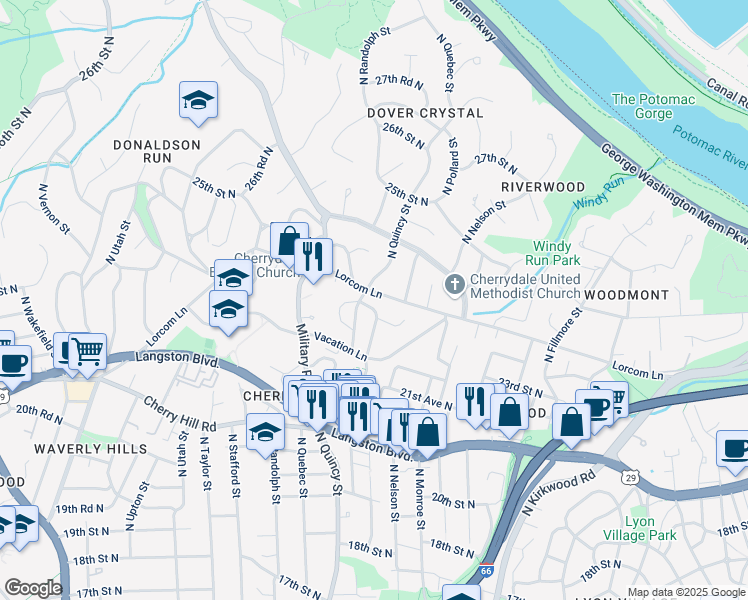 map of restaurants, bars, coffee shops, grocery stores, and more near 3820 Lorcom Lane in Arlington