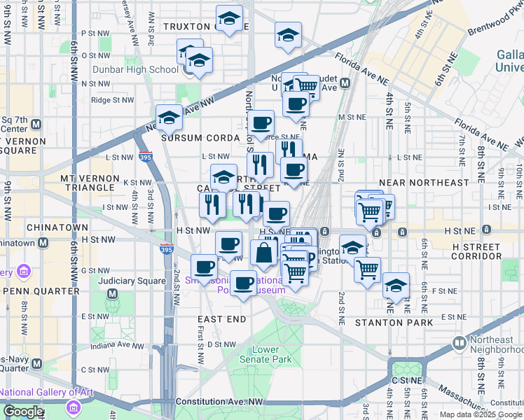 map of restaurants, bars, coffee shops, grocery stores, and more near 899 North Capitol Street Northeast in Washington