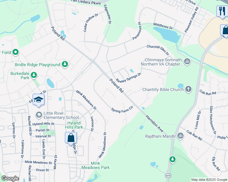 map of restaurants, bars, coffee shops, grocery stores, and more near 25894 Keys Run Court in Chantilly