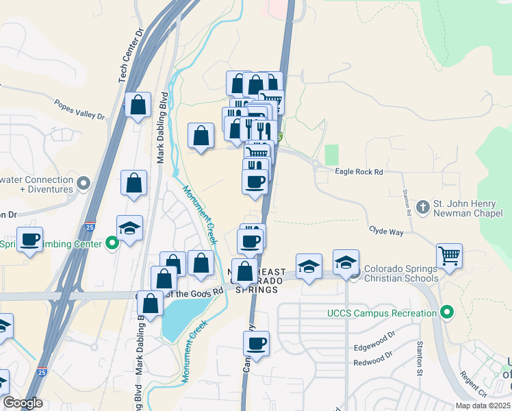 map of restaurants, bars, coffee shops, grocery stores, and more near 5070 North Nevada Avenue in Colorado Springs