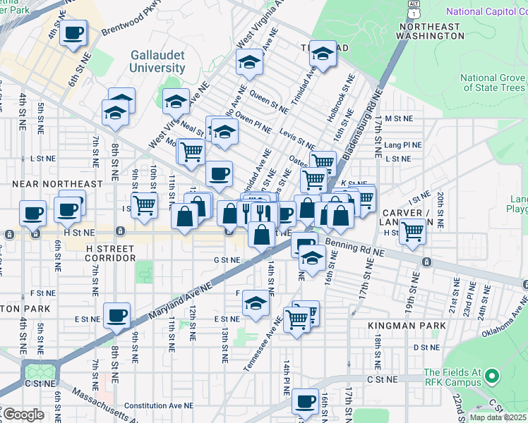 map of restaurants, bars, coffee shops, grocery stores, and more near 101 Independence Avenue Southeast in Washington