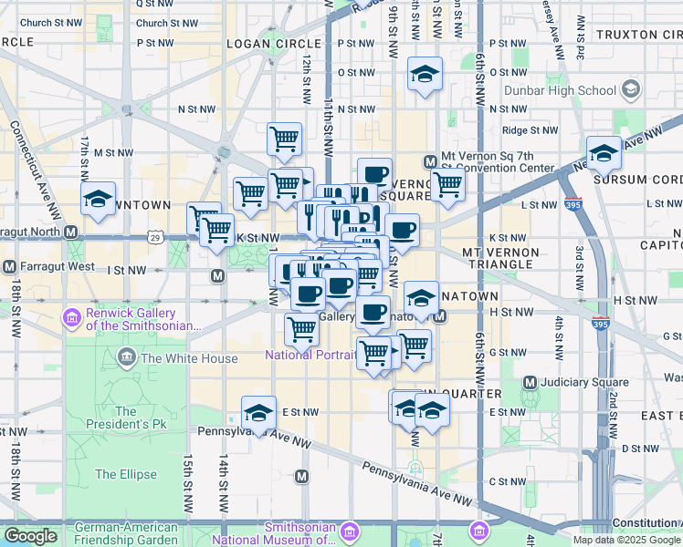 map of restaurants, bars, coffee shops, grocery stores, and more near 1098 New York Avenue Northwest in Washington