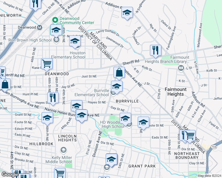 map of restaurants, bars, coffee shops, grocery stores, and more near 844 Division Avenue Northeast in Washington