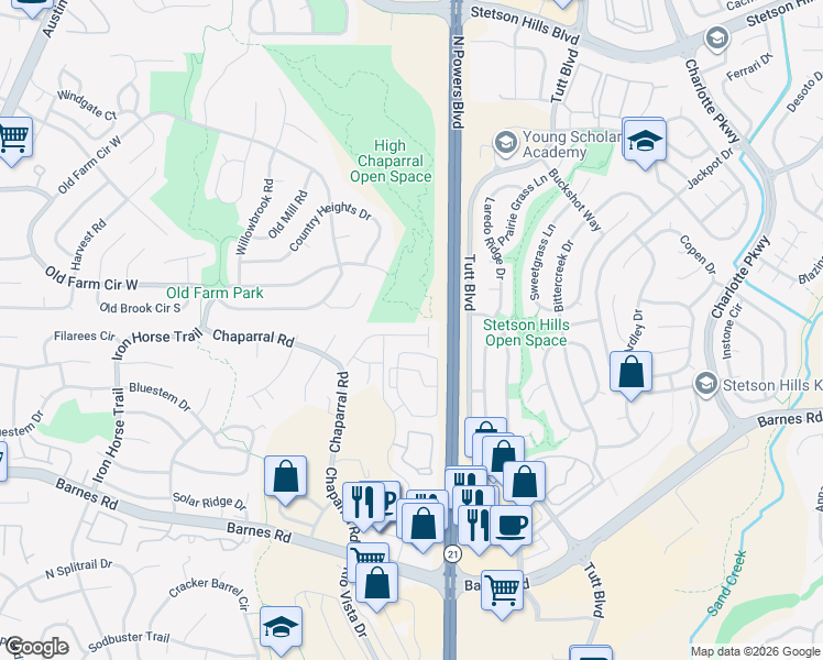 map of restaurants, bars, coffee shops, grocery stores, and more near 4468 Asher Heights in Colorado Springs