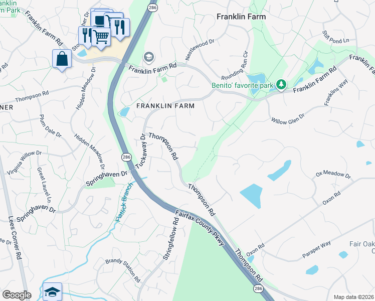 map of restaurants, bars, coffee shops, grocery stores, and more near 13124 Thompson Road in Fairfax