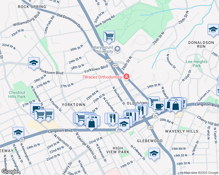 map of restaurants, bars, coffee shops, grocery stores, and more near 4810 25th Road North in Arlington