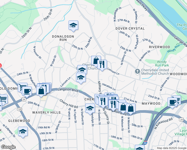 map of restaurants, bars, coffee shops, grocery stores, and more near 2310 Military Road in Arlington