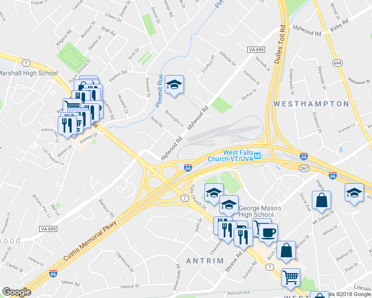 map of restaurants, bars, coffee shops, grocery stores, and more near 7305 Idylwood Court in Falls Church