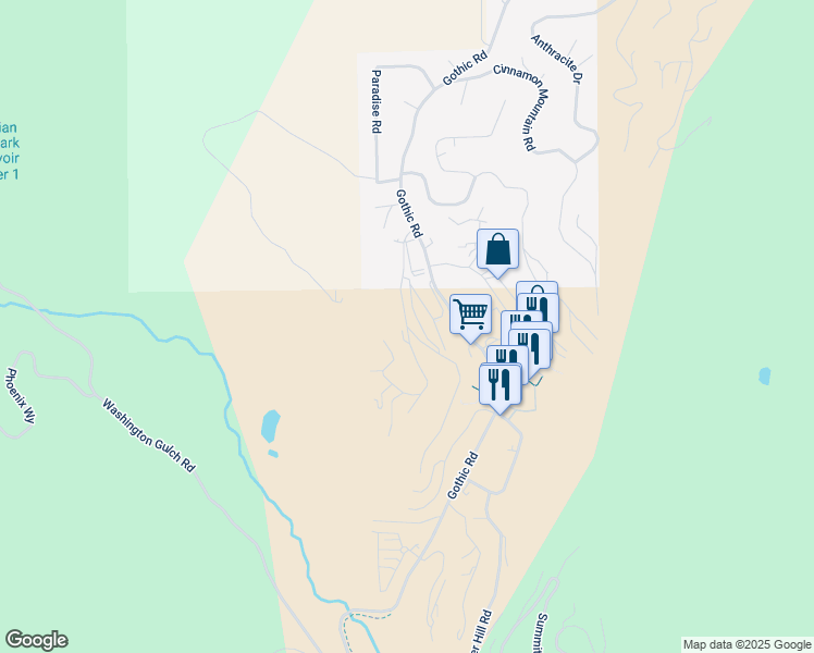 map of restaurants, bars, coffee shops, grocery stores, and more near 18 Marcellina Lane in Crested Butte