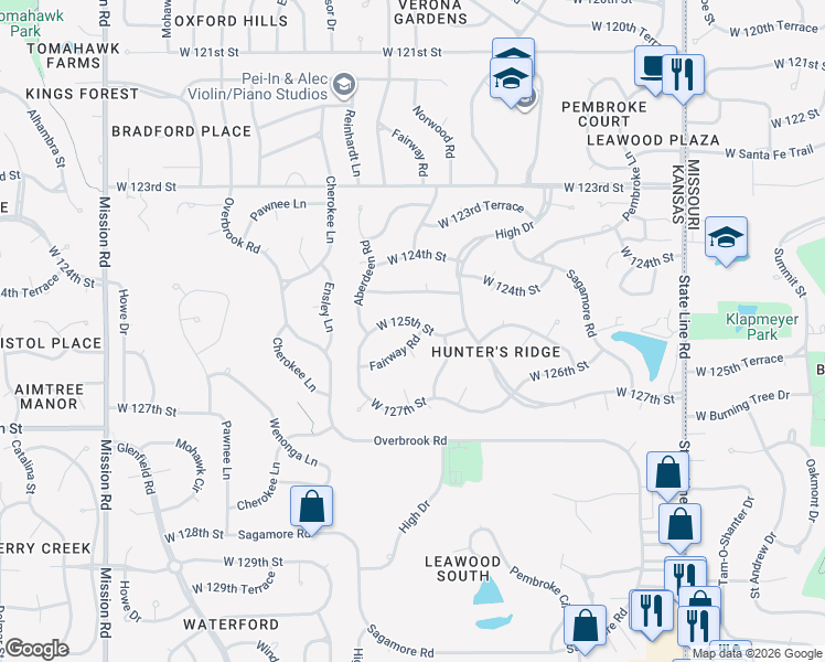 map of restaurants, bars, coffee shops, grocery stores, and more near 12500 Fairway Road in Leawood