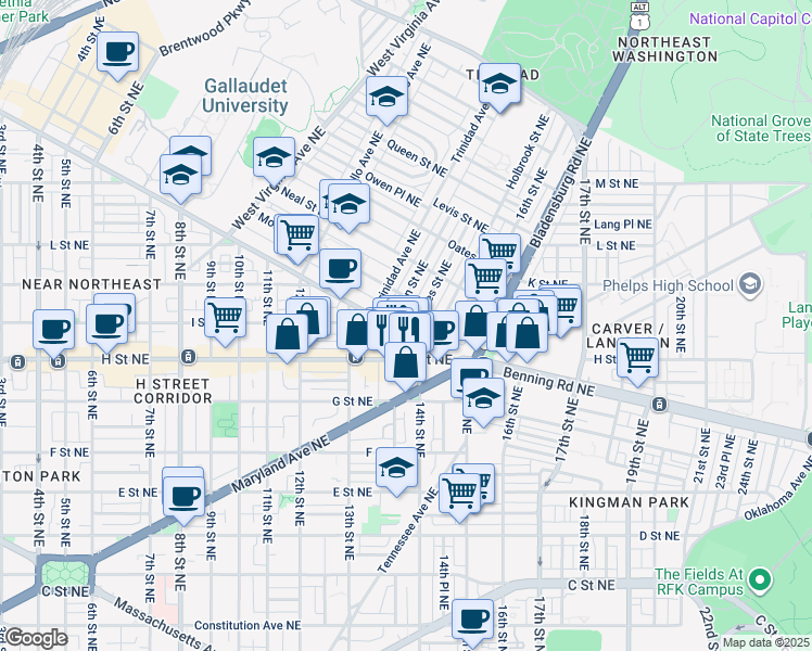 map of restaurants, bars, coffee shops, grocery stores, and more near 1358 Florida Avenue Northeast in Washington