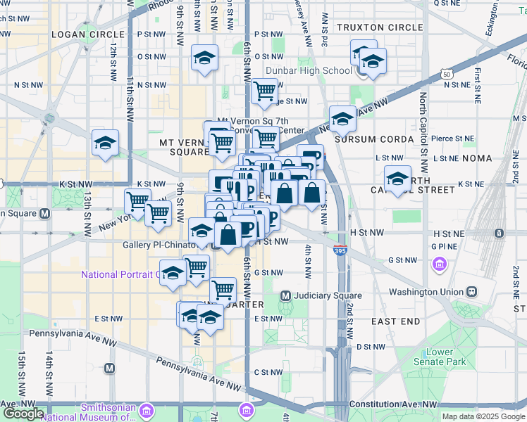 map of restaurants, bars, coffee shops, grocery stores, and more near 555 Massachusetts Avenue Northwest in Washington