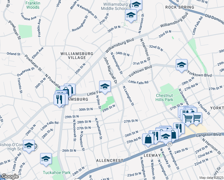 map of restaurants, bars, coffee shops, grocery stores, and more near 5832 Little Falls Road in Arlington