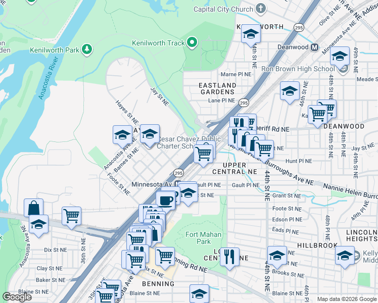 map of restaurants, bars, coffee shops, grocery stores, and more near 800 Kenilworth Avenue Northeast in Washington