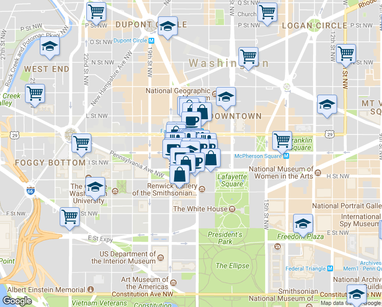 map of restaurants, bars, coffee shops, grocery stores, and more near in Washington