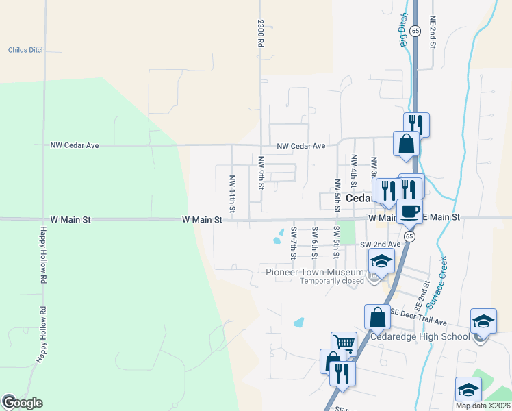 map of restaurants, bars, coffee shops, grocery stores, and more near 135 Cedar Rock Avenue West in Cedaredge
