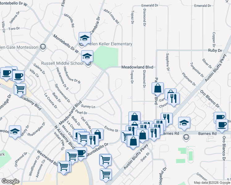 map of restaurants, bars, coffee shops, grocery stores, and more near 4765 Montebello Drive in Colorado Springs