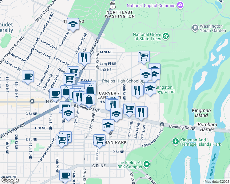 map of restaurants, bars, coffee shops, grocery stores, and more near 1812 H Place Northeast in Washington