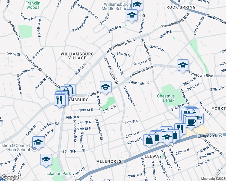 map of restaurants, bars, coffee shops, grocery stores, and more near 5832 Little Falls Road in Arlington