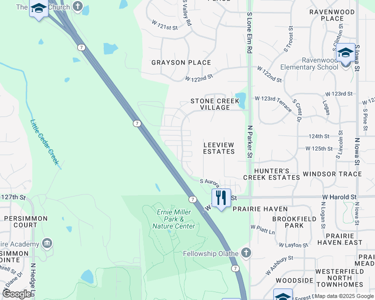 map of restaurants, bars, coffee shops, grocery stores, and more near 12523 Chelsea Street in Olathe