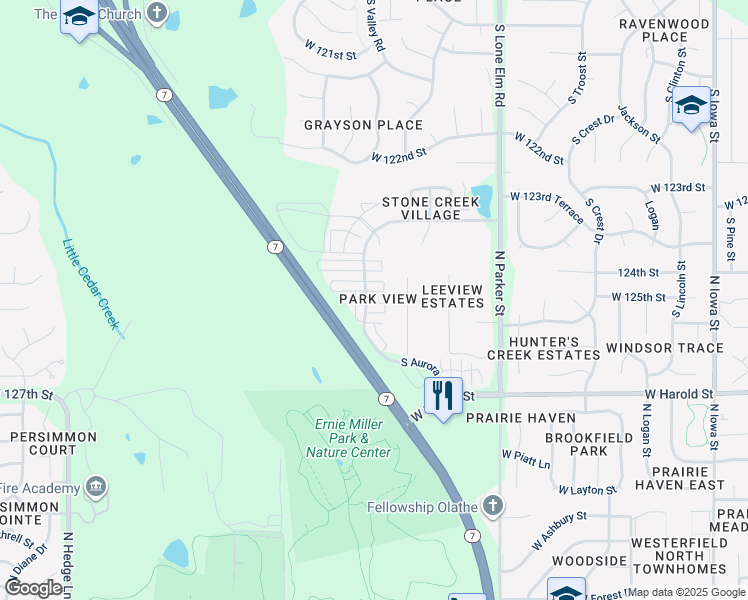 map of restaurants, bars, coffee shops, grocery stores, and more near 12523 Chelsea Street in Olathe