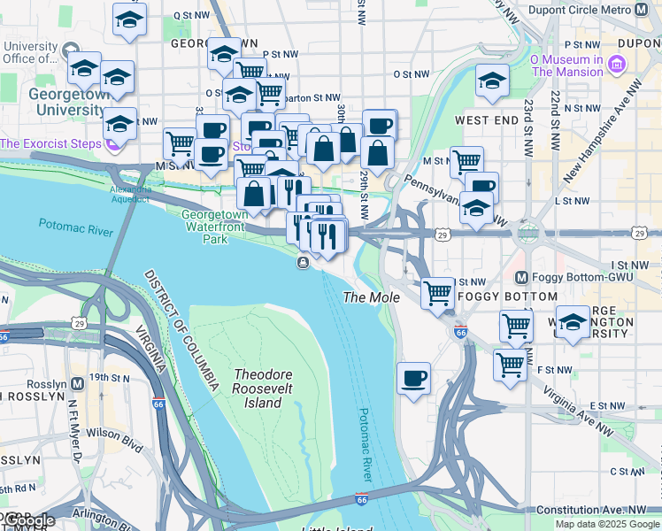 map of restaurants, bars, coffee shops, grocery stores, and more near 3000 K Street Northwest in Washington