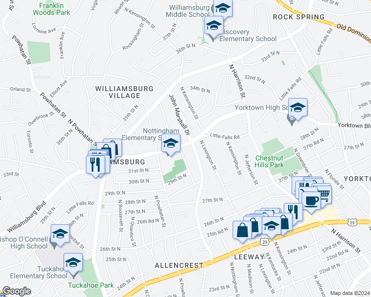 map of restaurants, bars, coffee shops, grocery stores, and more near 5828 Little Falls Road in Arlington