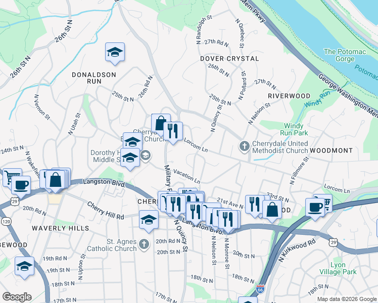 map of restaurants, bars, coffee shops, grocery stores, and more near 4009 23rd Street North in Arlington