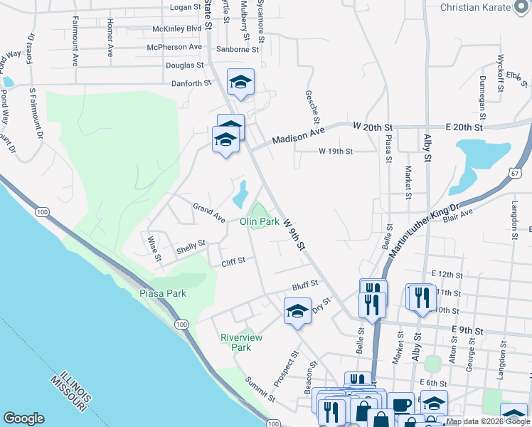 map of restaurants, bars, coffee shops, grocery stores, and more near Olin Park Trail in Alton