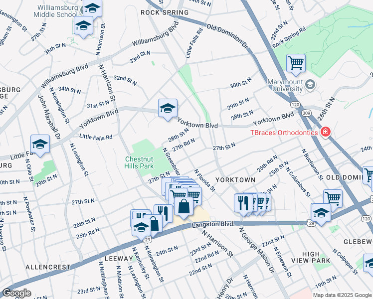 map of restaurants, bars, coffee shops, grocery stores, and more near 2709 North Florida Street in Arlington