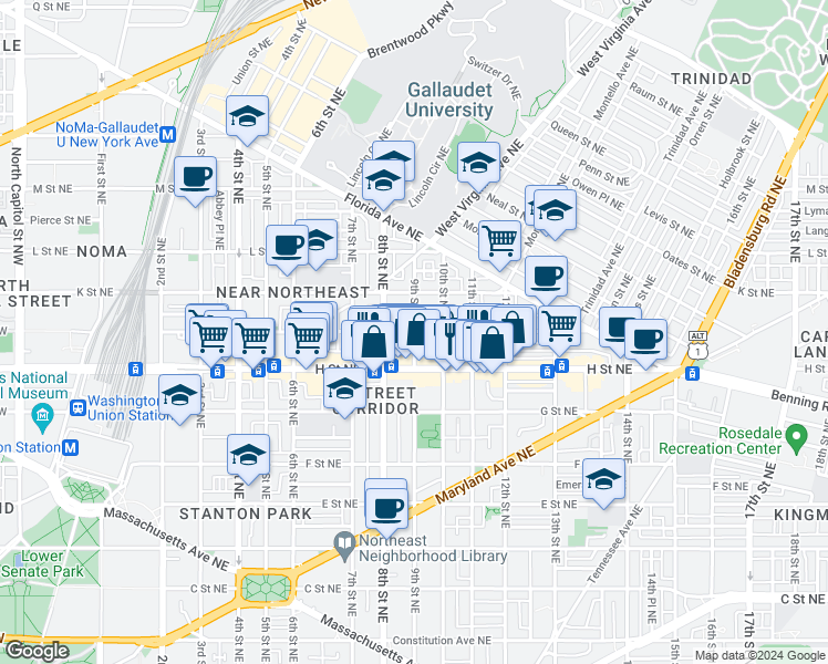map of restaurants, bars, coffee shops, grocery stores, and more near I St NE & 9th St NE in Washington
