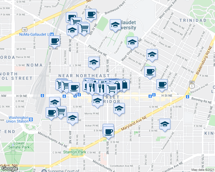 map of restaurants, bars, coffee shops, grocery stores, and more near 8th St NE & I St NE in Washington