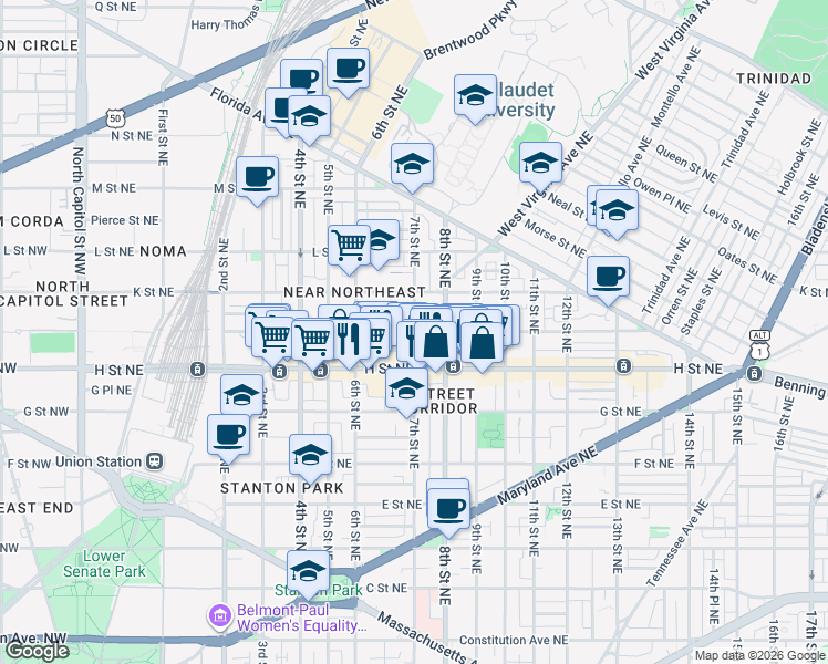 map of restaurants, bars, coffee shops, grocery stores, and more near 7th Street Northeast & I Street Northeast in Washington