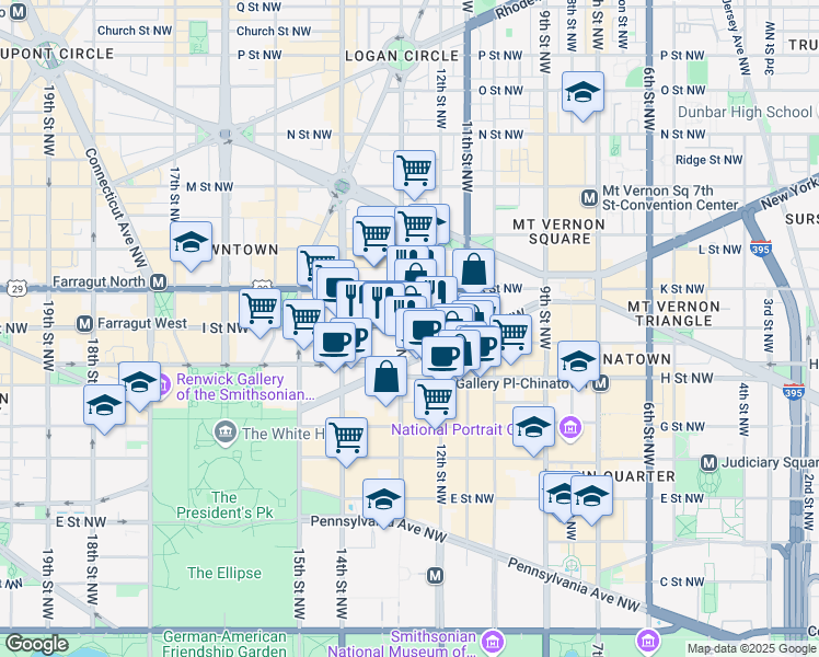 map of restaurants, bars, coffee shops, grocery stores, and more near 1225 I Street Northwest in Washington