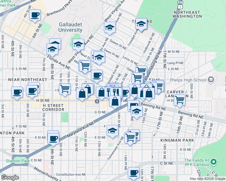 map of restaurants, bars, coffee shops, grocery stores, and more near 101 Independence Avenue Southeast in Washington