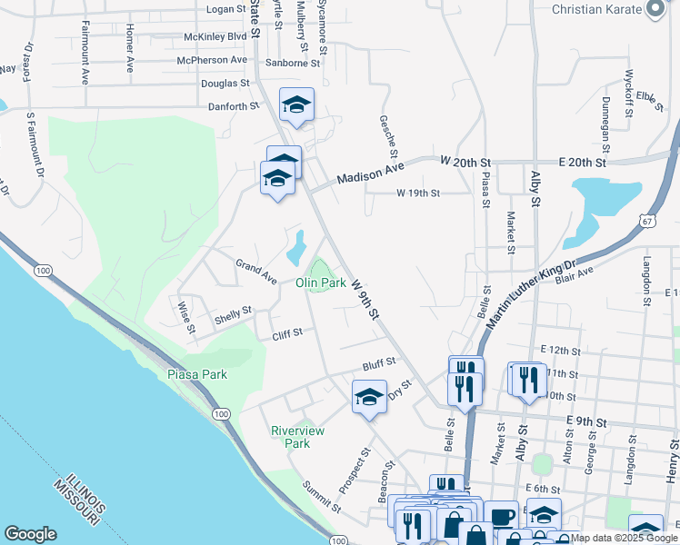 map of restaurants, bars, coffee shops, grocery stores, and more near 1230 West 9th Street in Alton